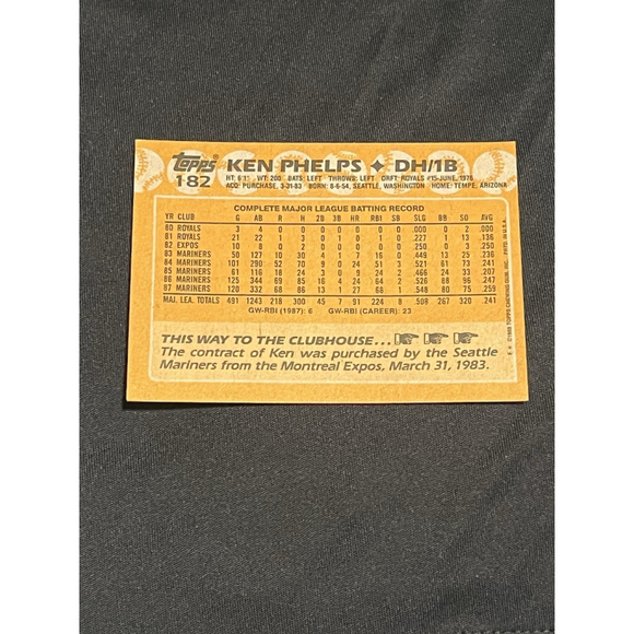 Ken Phelps 1988 Topps Seattle Mariners #182 - Picture 6 of 6